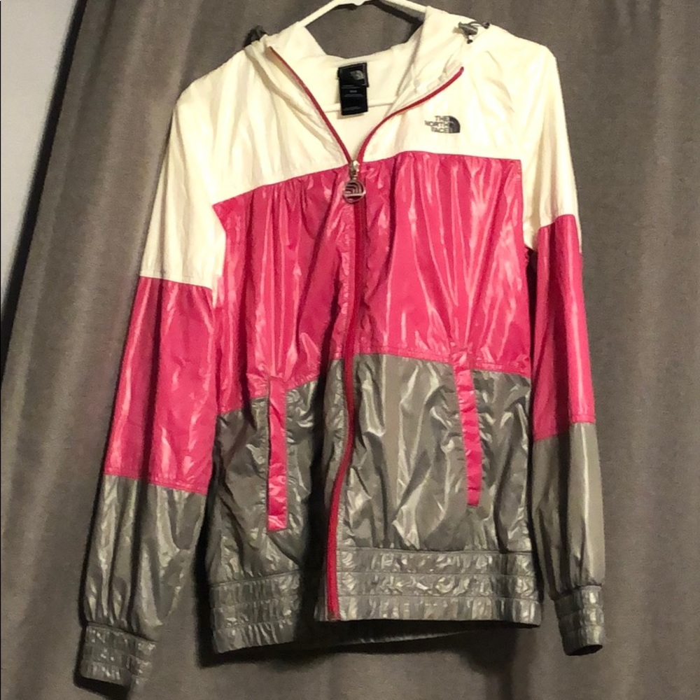 The North Face pink/gray/white windbreaker